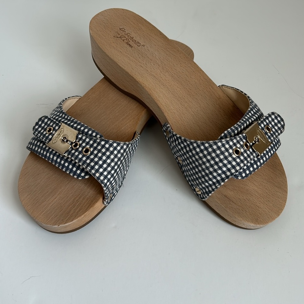 Dr Scholl’s J. Crew Original Collab Blue Gingham Wooden Sandal Shoes Slides Sz 8